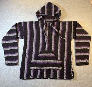 Senor Lopez Vintage Baja Hoodie Black Purple Striped Pullover Made inMexico Sz M
